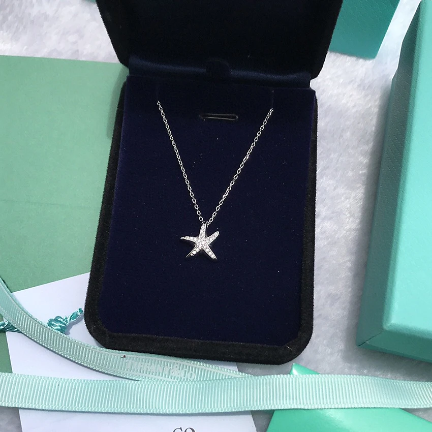 925 Sterling Silver Zircon Starfish Pendant Necklace European and American Women Fashion Jewelry Holiday Gift Free Shipping | Украшения и