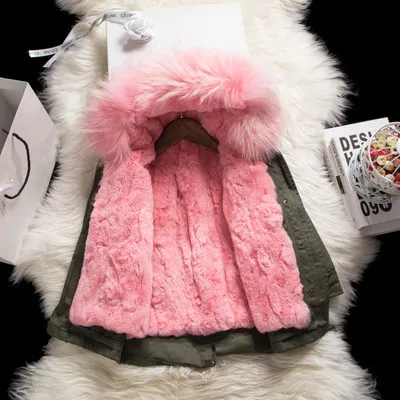 Olive top pink fur Г. Детские куртки из натурального кроличьего меха зимние пальто для девочек со съемной подкладкой из натурального меха, куртка для малышей меховой воротник енота - Цвет: Olive top pink fur