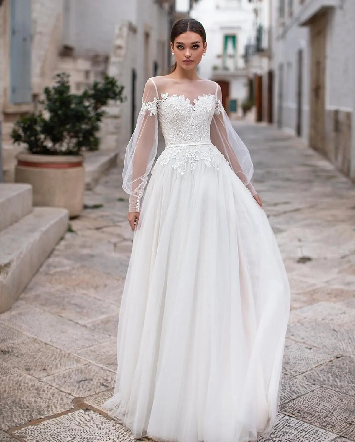 Boho Wedding Dresses Sheer Long Sleeves 