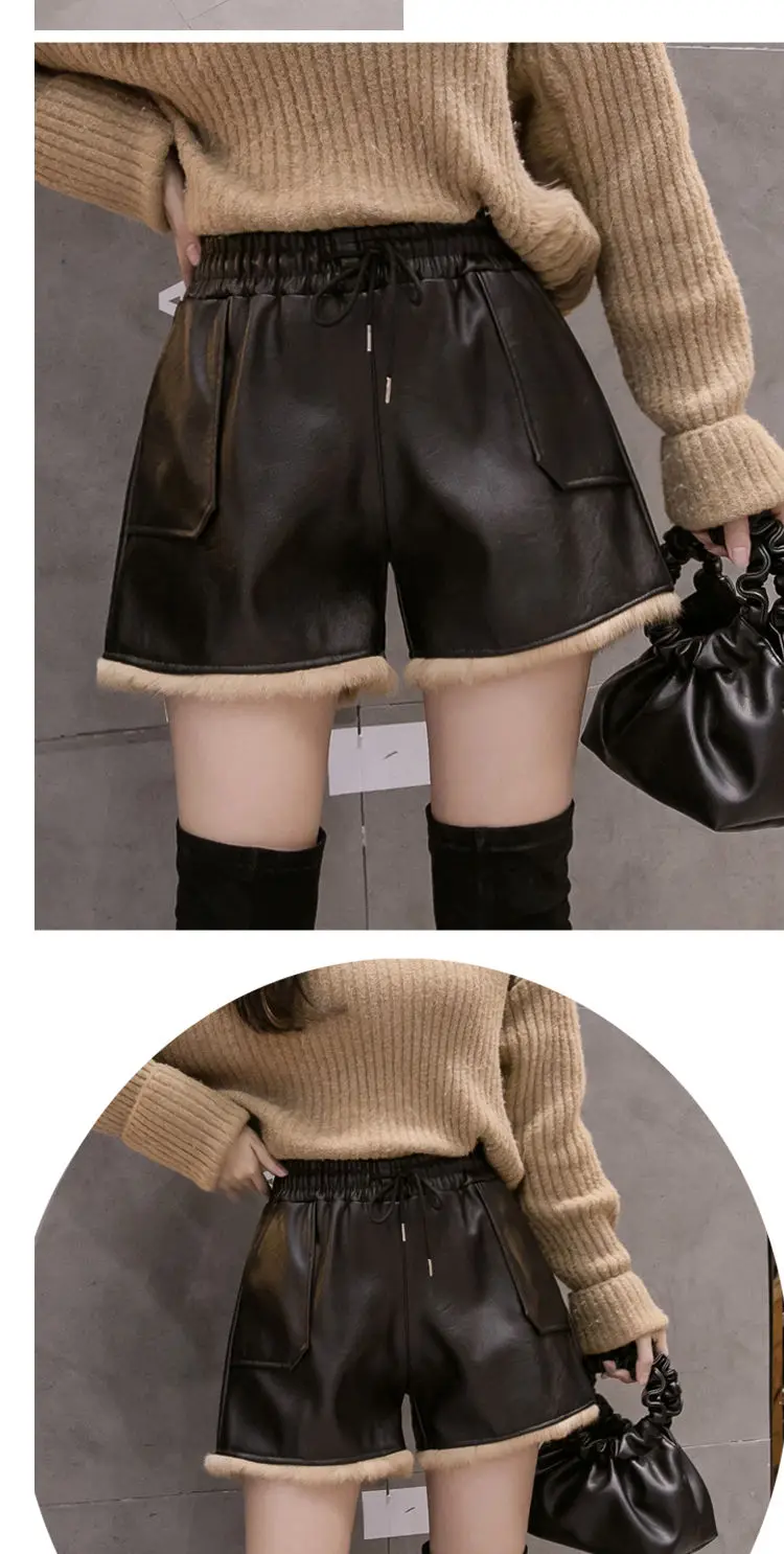 Fleece Shorts 2021 New Autumn Winter Elastic High Waist Thick Warm PU Shorts Women Femme Casual Ladies Shorts Black Boots Pant jean shorts