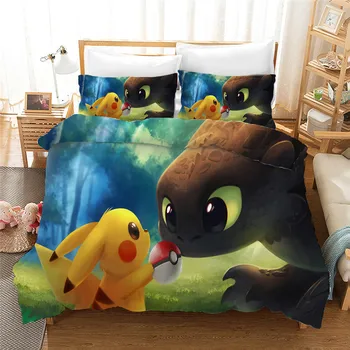 

Cute Cartoon Anime Pocket Monster Pikachu 3D Printing Bedding Set Duvet Cover Set Pokemon Queen King Size Bed Sheet Bedclothes