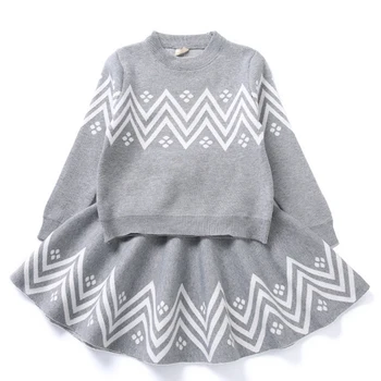

Winter Girls Set New Geometric Pattern Dress Girls Knited Clothes Long sleeveTop Coat+ Skirt 2pcs Sweater Children Clothes