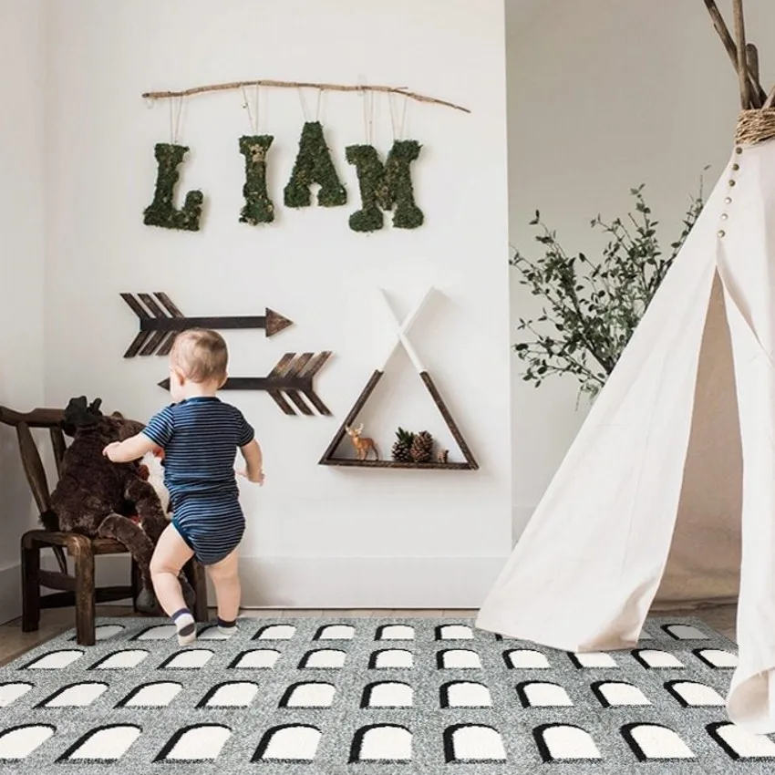 

High Density Waffle Checks Geometric Area Rug in gray color, Post modern Decoration boy's room carpet
