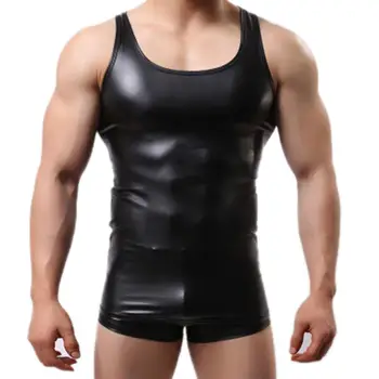 

Men Sexy Solid Color Sleeveless Low-cut Faux Leather Slim Vest Gym Tank Top