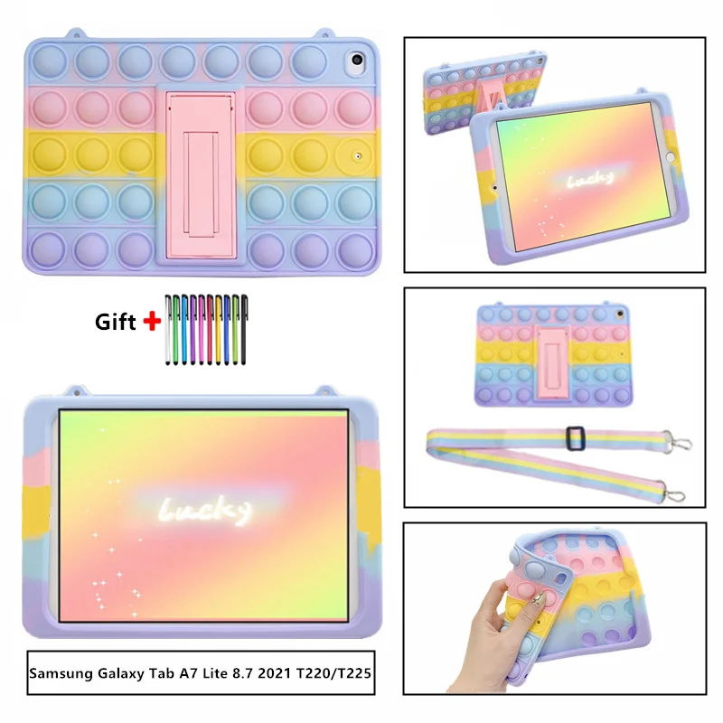 

For Samsung Galaxy Tab A7 Lite 8.7 2021 SM-T220 T225 Lanyard Rainbow Pattern Silicone Case With Stand Shockproof Tablet Cover