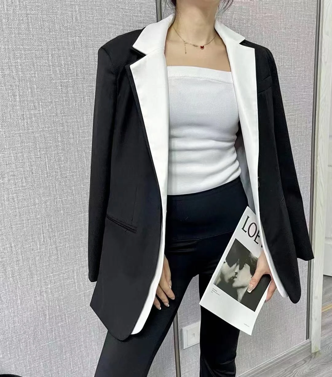 

2021 autumn and winter new suit fashion casual temperament double-layer hit color long-sleeved one-button blazer jacket female