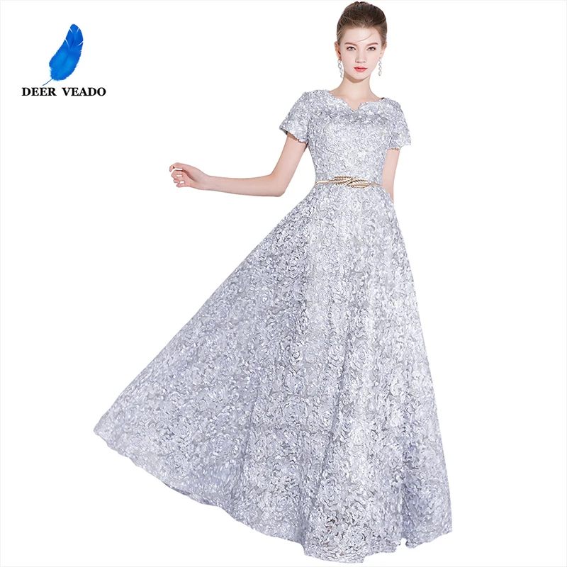 

DEERVEADO New Arrival Evening Dress Long V Neck Formal Party Dress Women Special Occasion Dresses Evening Gown with Belt YS420