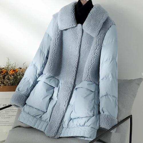 Blue Tcyeek пальто с натуральным мехом, женская зимняя куртка на утином пуху, Женская винтажная длинная куртка для стрижки овец, толстая теплая шерстяная пуховая куртка Hiver 350 - Цвет: Blue