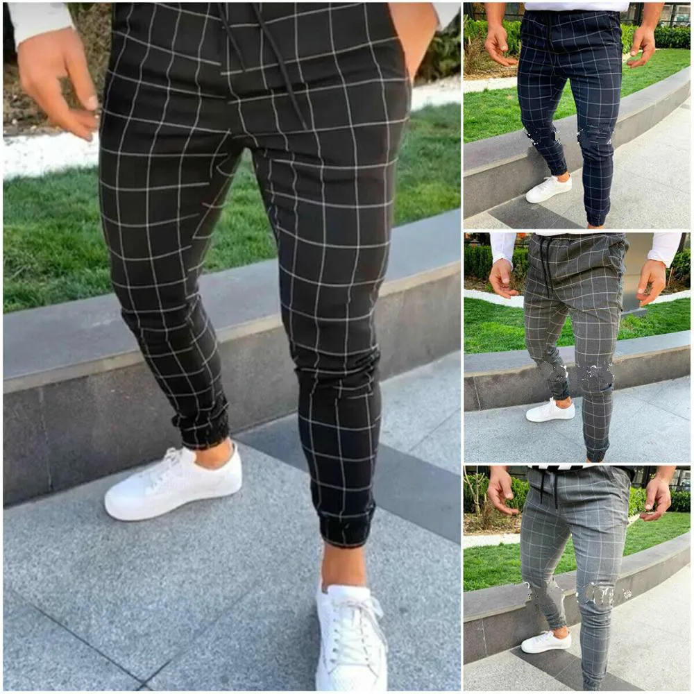 

Sexy High Wasit Spring Summer Fashion Pocket Men's Slim Fit Plaid Straight Leg Trousers Casual Pencil Jogger Casual Pants