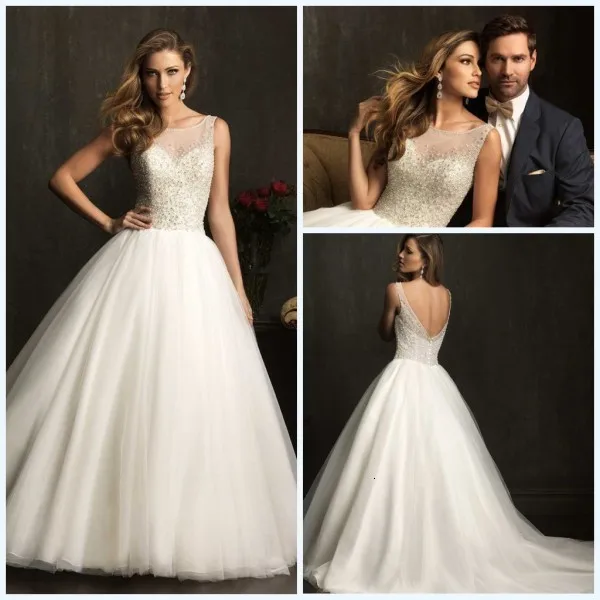 BacklakeGirls Scoop Neck A Line Sleeveless Tulle Wedding Dresses Beadings Backless Court Train