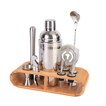 

12pcs 304 Stainless Steel Cocktail Shaker Set 750ml/550ml Jigger Mixing Spoon Tong Bartender Tools Wood Storage Stand Barware