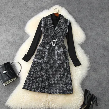 

2020 New Runway Designers Autumn Two Piece Vestidos Women Fashion Long Sleeve Basic Top and Tweed Woolen Dress Winter Clothes