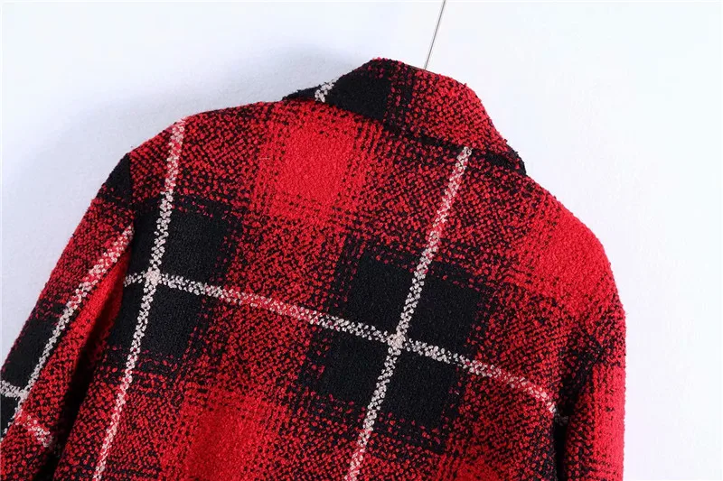 GCAROL New Women Check Overcoat Notched Collar Double Breasted Plaid Red Coat Oversize OL Office High Street Outfits