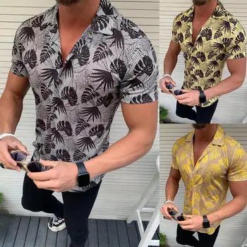 

Summer Casual Shirts Men Leaves Print Mens Shirts Short Sleeve Shirt Men Turn Down Collar Button Slim Shirt Mens Holiday Shirts