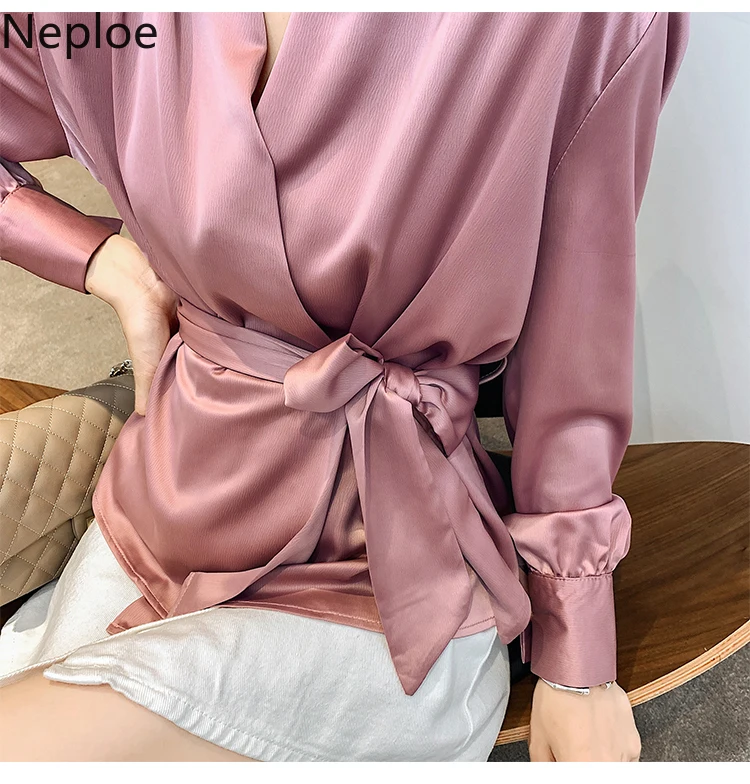 Женская шелковая атласная блузка Neploe элегантная однотонная Свободная рубашка с v