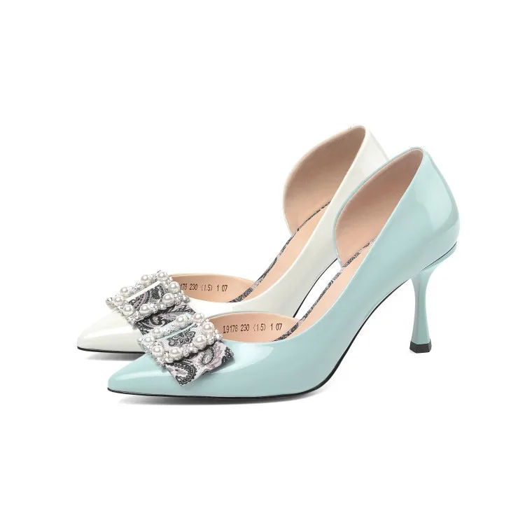 

Spring Summer Rubber Sole Stiletto WOMEN'S Shoes Genuine Leather Side Cutouts Bow Man-made Diamond Buckled Low-Cut Four Seasons