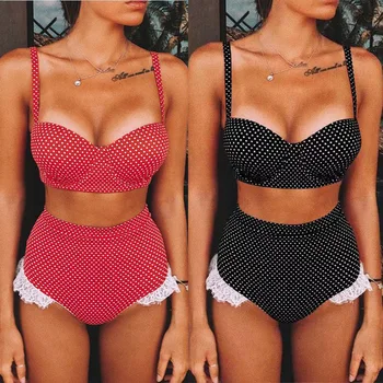 

2020 New Polka Dot High Waist Swimsuit Bathing Suit Swimwear Beachwear For Women Lace Biquni
