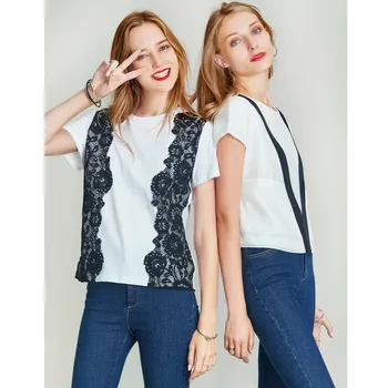 

HAVVA 2020 Summer New Si-c Double-sided Combed Island Cotton Raschel Lace Mosaic for Short-sleeved Women's T-shirt Blouse T40200