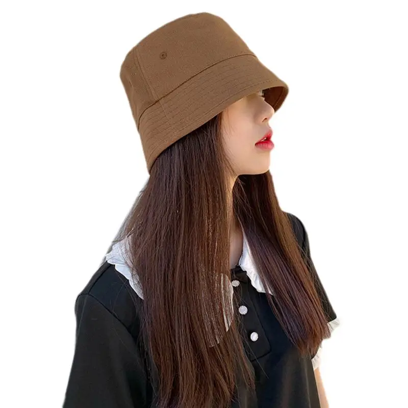 

Women Literary Style Cotton Bucket Cap Harajuku Hip Hop Solid Color Sun Protection Wide Brim Foldable Fisherman Hat with Eyelets