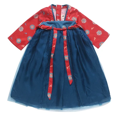 Blue Hanfu/Детское платье для маленьких девочек; элегантные костюмы Феи; костюм Древнего Китая с цветочным принтом; одежда для детей в Корейском стиле - Цвет: Blue