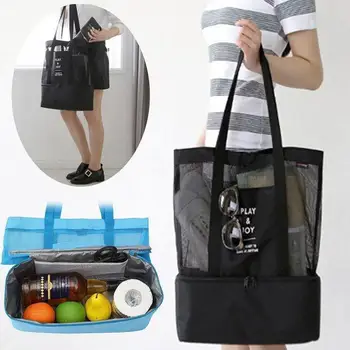 

Mesh Beach Bag Portable Double Layer Travel Bag Picnic Toy Tote Sports Picnic Grid Tote Shoulder Bag Bag Bag Beach Cooler S O9T6