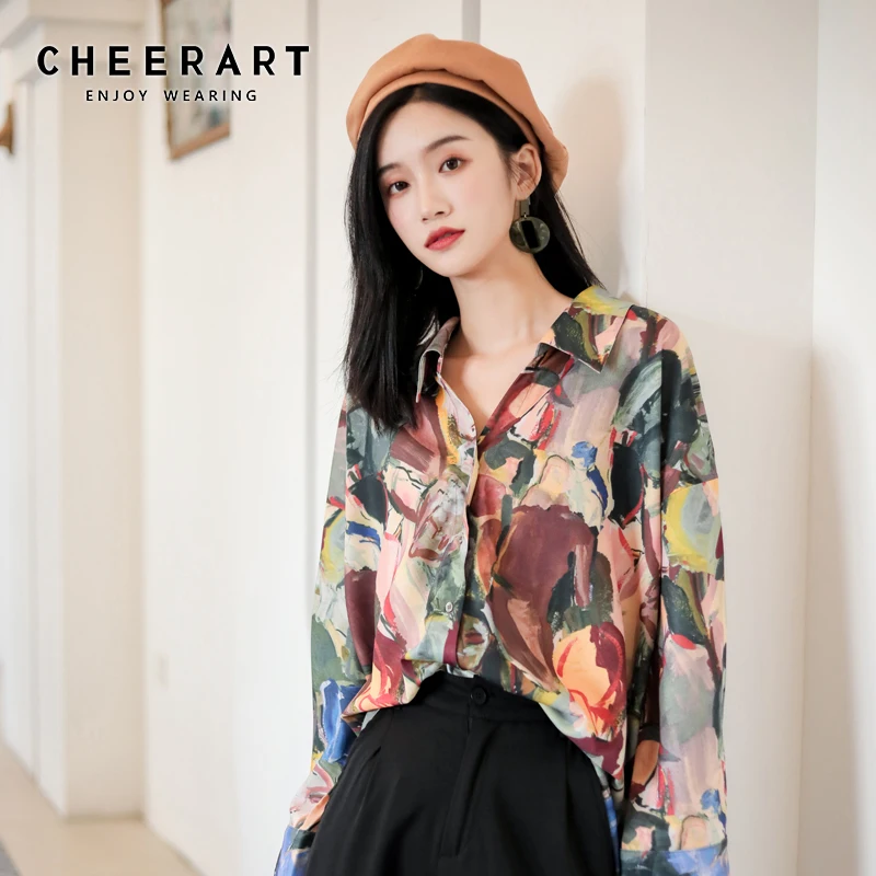 CHEERART осенние женские топы и блузки с длинным рукавом, рубашка на пуговицах, блузка с импрессионизмом и принтом, дизайнерские рубашки, одежда