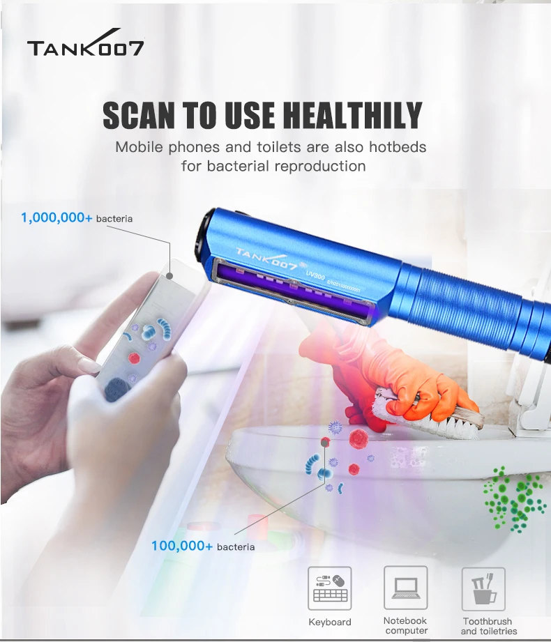 TANK007 UV300 UVC Sterilizing Lamp UV 395nm Light White ORSAM LED Flashlight 18650 Rechargeable Disinfection Torchlight EDC