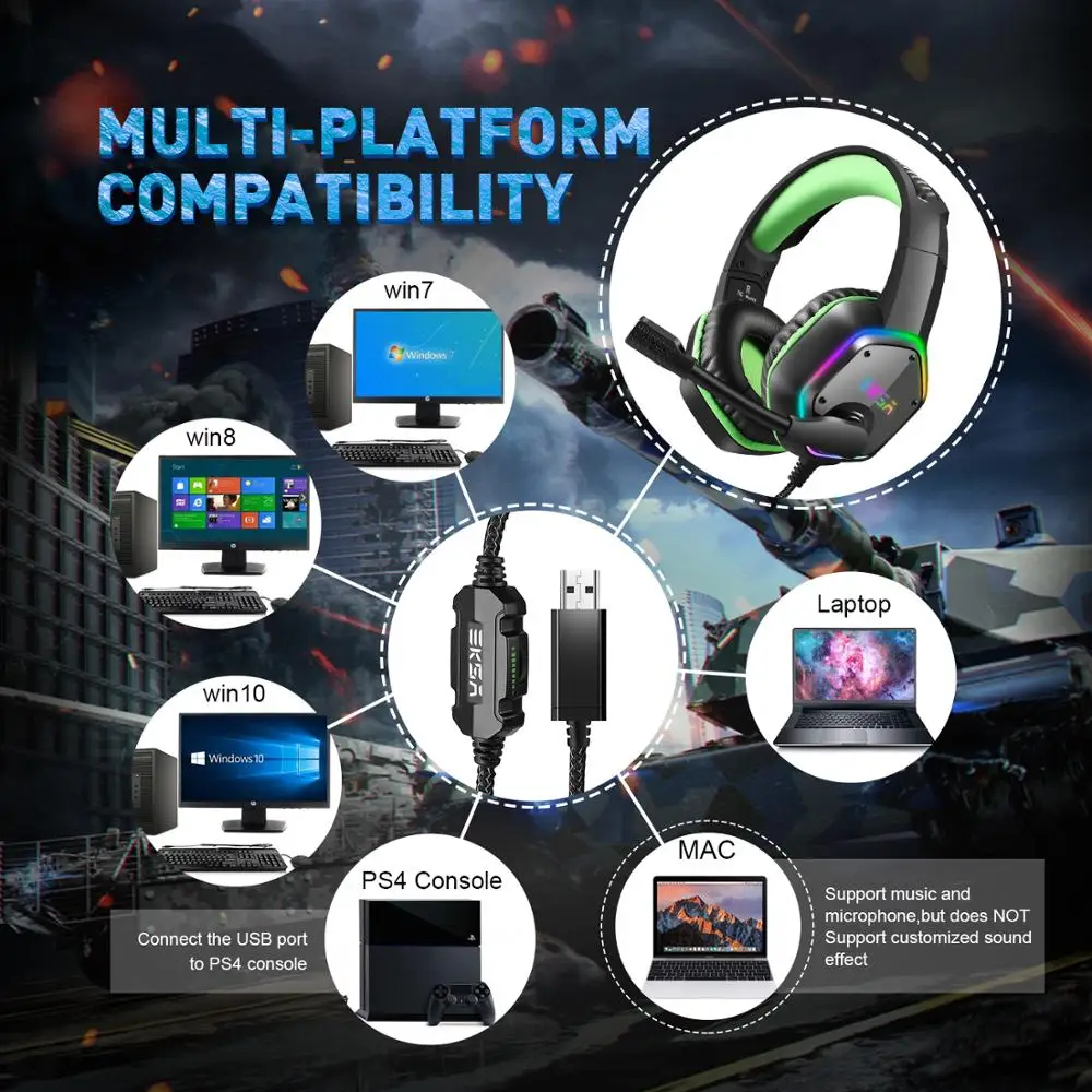 Cancelamento de Ruído Fone de Ouvido pc para Ps4 com Luz Eksa Gaming Headset Surround Sound Wired Gamer Rgb Mic E1000 7.1 - Image 3