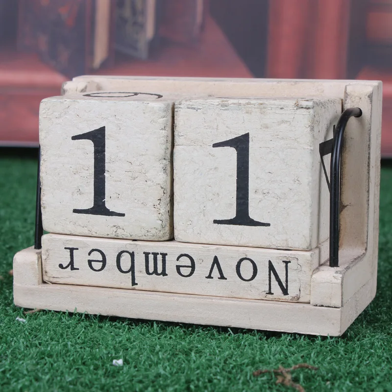 Vintage Woode Desk Calendar DIY Wood Block Art Crafts Perpetual Table Ornaments Bedroom Office Home Decoration Christmas Gift
