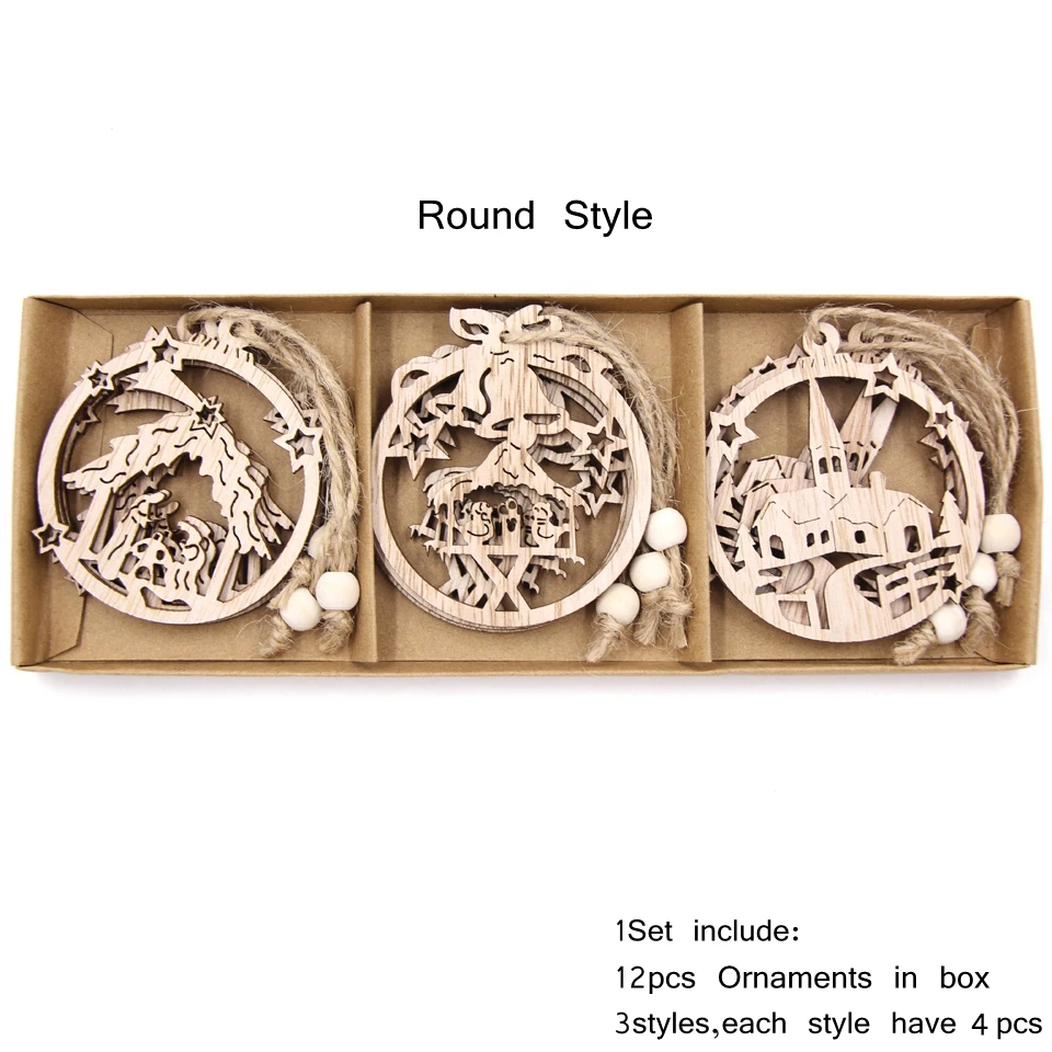 Box-Round Style 12 шт./кор. Винтаж полый Рождественский деревянные подвески, украшения для рождественской вечеринки декор елочные украшения Подвесные Подарки - Цвет: Box-Round Style