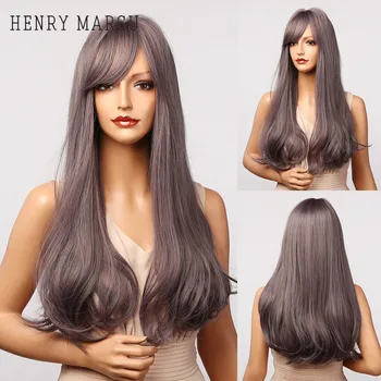 

HENRY MARGU Purple Grey Highlight Lolita Cosplay Wigs with Side Bangs Long Straight Wigs for White Women High Temperature Fibre