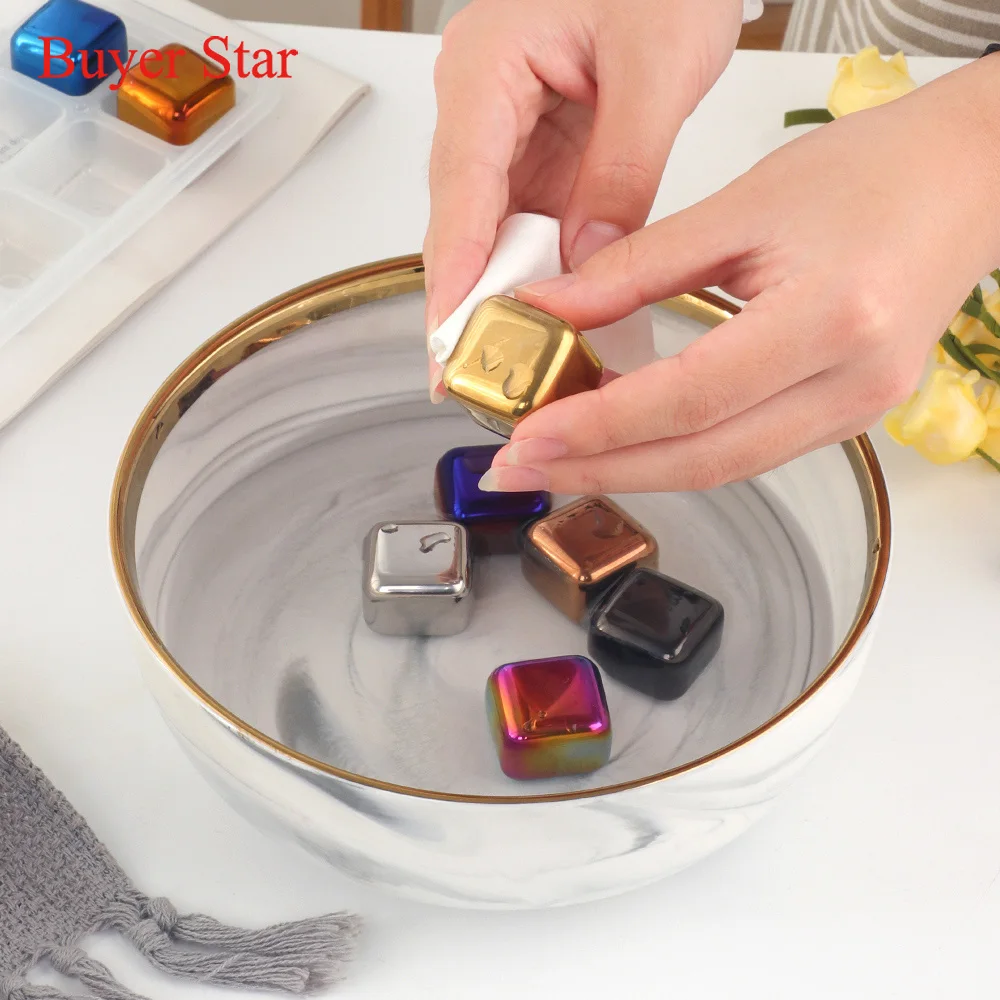 4/6/8PCS Reusable Whisky Stones Ice Cubes Set Food Grade Stainless Steel Wine Cooling Cube Chilling Rock Party Bar Tool Gift