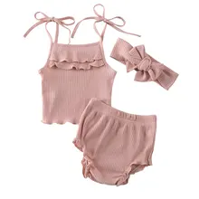 Милая Летняя трикотажная одежда для новорожденных девочек из 3 предметов жилет без рукавов топ и шорты повязка на голову
