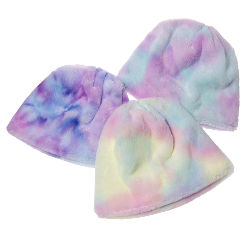 

Winter Warm Fuzzy Plush Beanie Hat Rainbow Multicolor Tie-Dye Printed Cuffed Brimless Hip Hop Landlord Docker Ski Skull Cap Stre