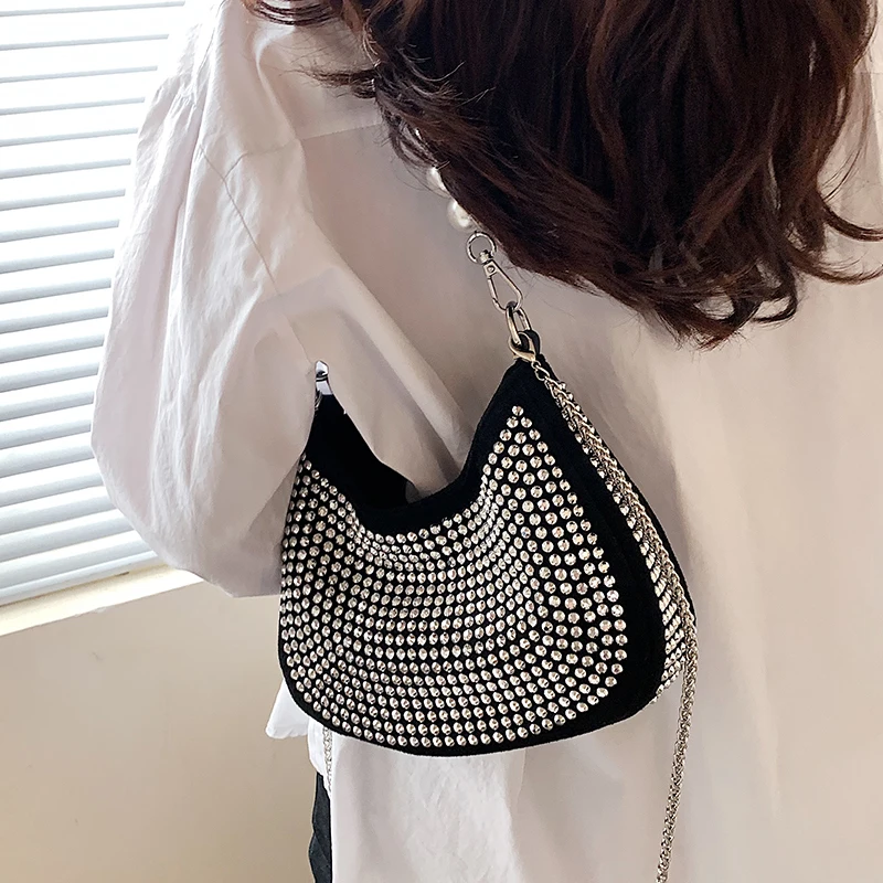 2022 Half Moon Underarm Bag Summer New High-quality PU Leather Women's Designer Handbag Diamond Chain Shoulder Messenger Bag