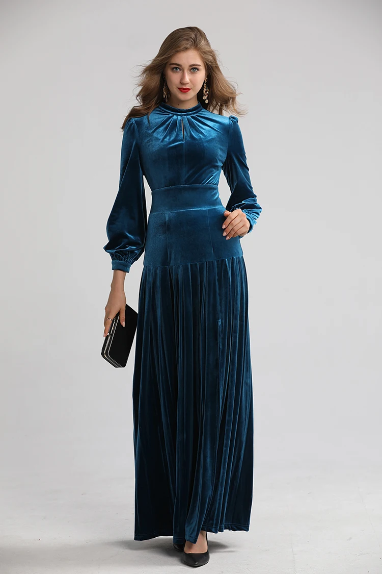 AELESEEN New Design High Quality Velvet Pleated Long Dresses Women European High Class Luxury Party Solid Maxi Dress