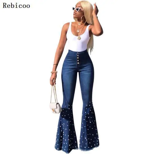 

Женские винтажные джинсы с высокой талией, расклешенные брюки с бисером на подоле, повседневные облегающие длинные брюки из денима, модные брюки