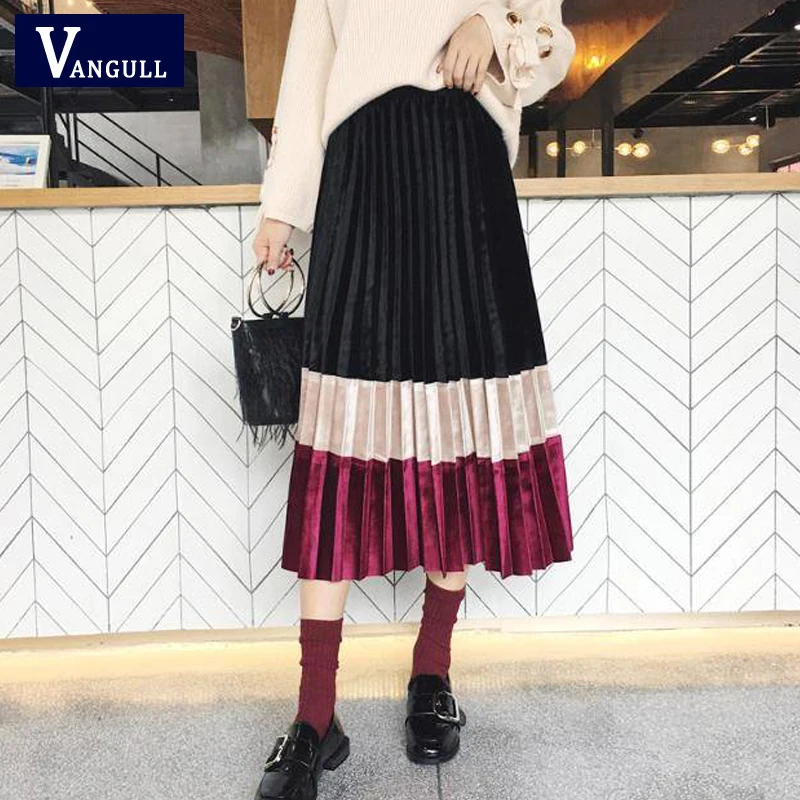 

Vangull Splice Color Velvet Women Skirts Elastic High Waist Pleated Midi Skirts 2019 Spring Autumn New Fashion A-Line Skirts