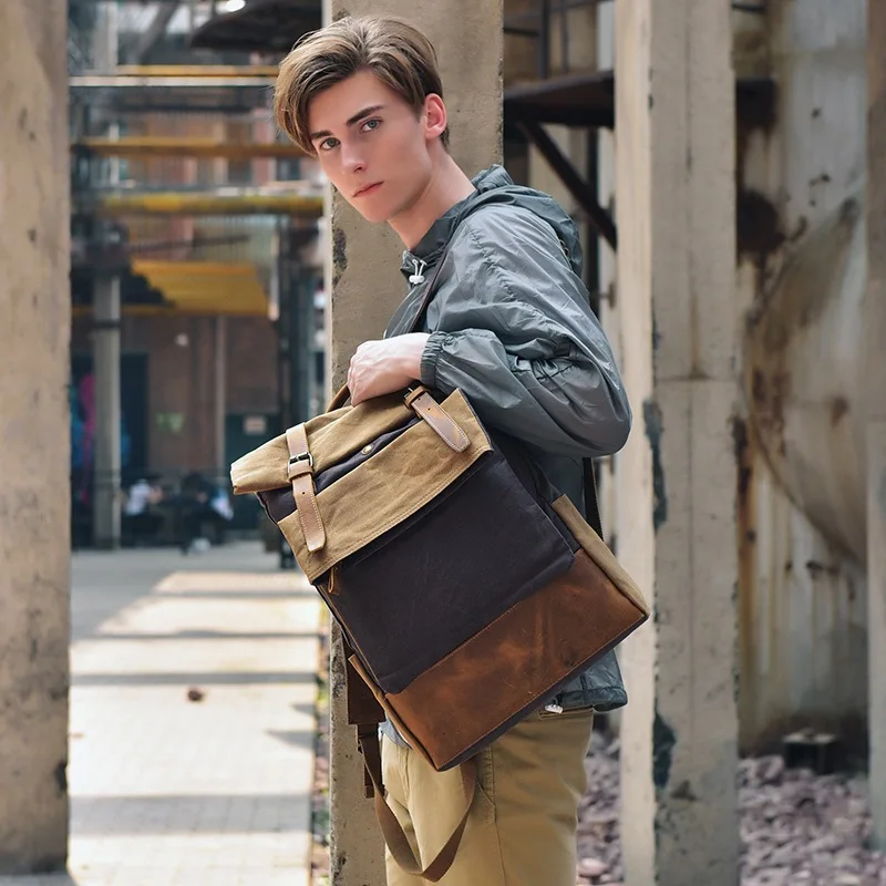 

Korean-style New Style Canvas with Horse Leather Men Backpack Trend Western Style School Bag Versatile Backpack a Generation of