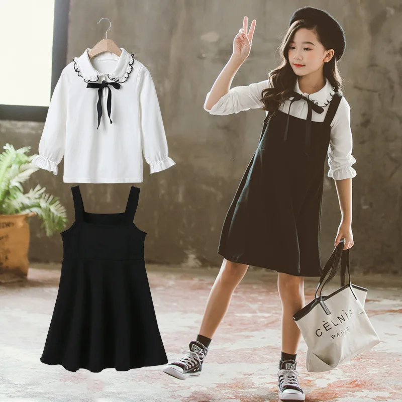 

Toddler/baby Girl Fall Clothes School Costume For Girls White Long Sleeve Shirt Overall Dress Kids Outfit Tracksuit For Children