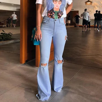 

High Waist Flare Pants Women Jeans With Hole Skinny Bell Bottom Denim Trousers Ladies Plus Size Wide Leg Pants Summer 2020 New