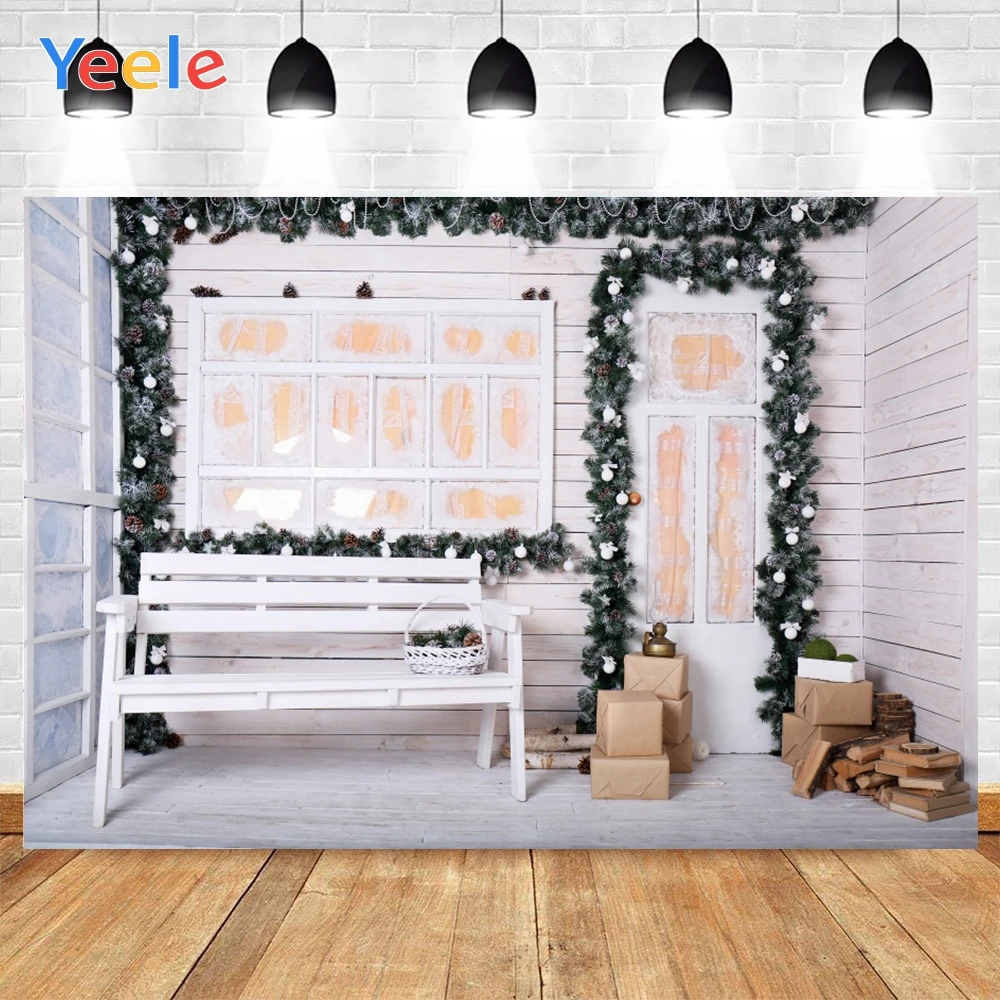 

Yeele Christmas Bench Green Leaves Gift Photography Backgrounds Customized Photographic Backdrops Decoration For Photo Studio