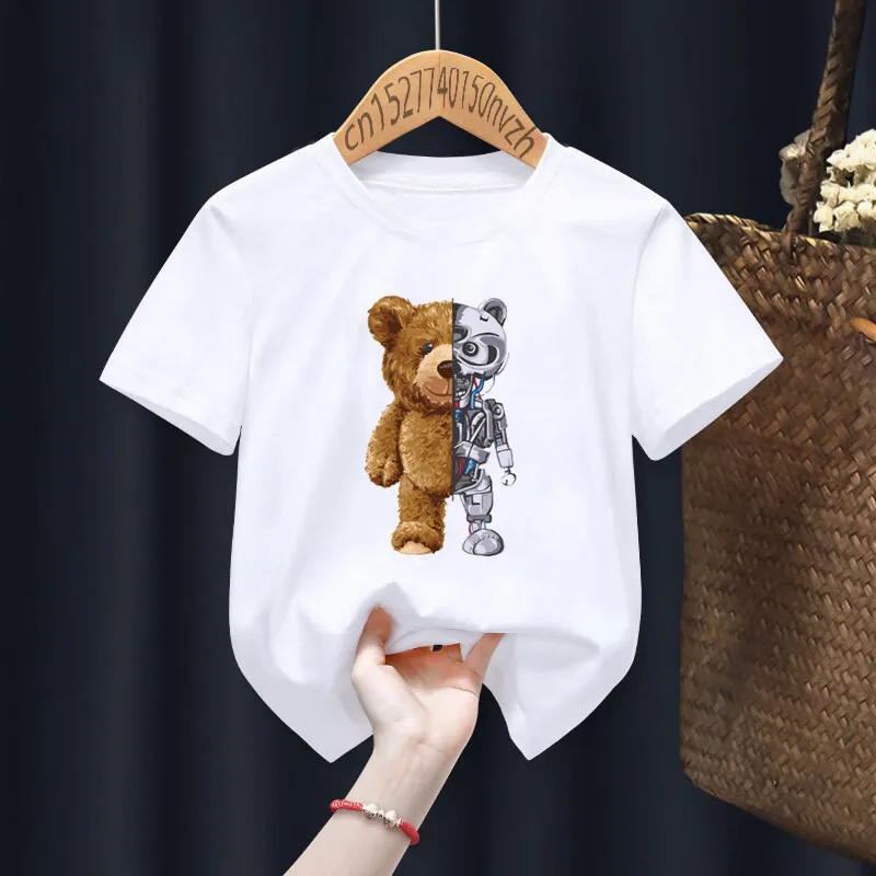 Funny Bear Riding Motorcycle Print Boy Girl White T-shirt Kid Summer Harajuku Kawaii Funny Little Baby Y2K Clothes,Drop Ship