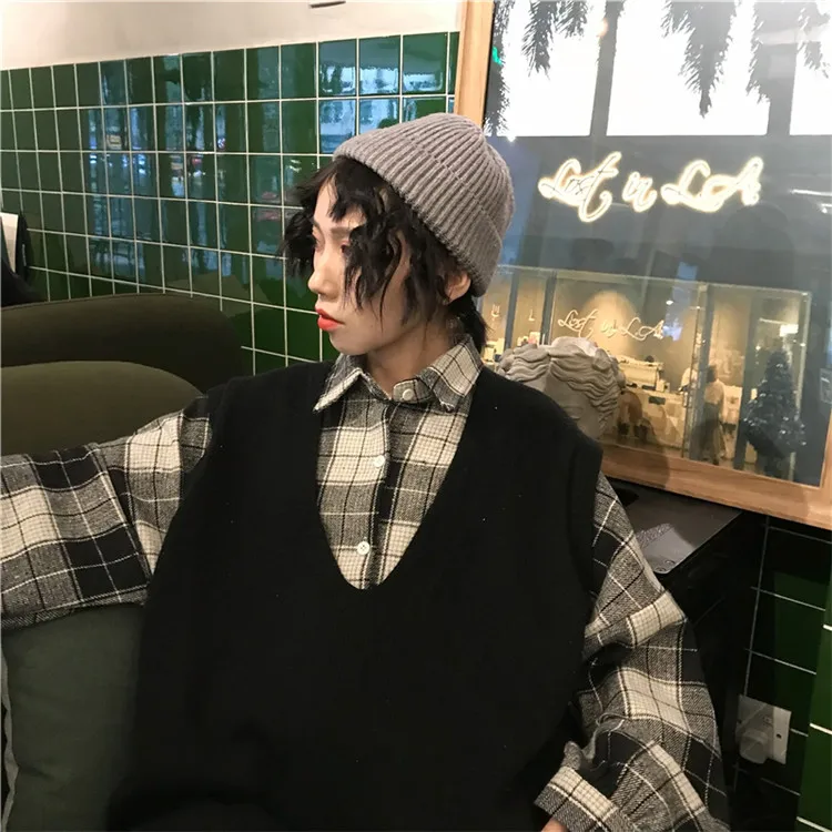 Harajuku Stylw шикарный Однотонный свитер жилет для колледжа для женщин на улице осень/зима ветер v-образным вырезом жилет клетчатая рубашка куртка
