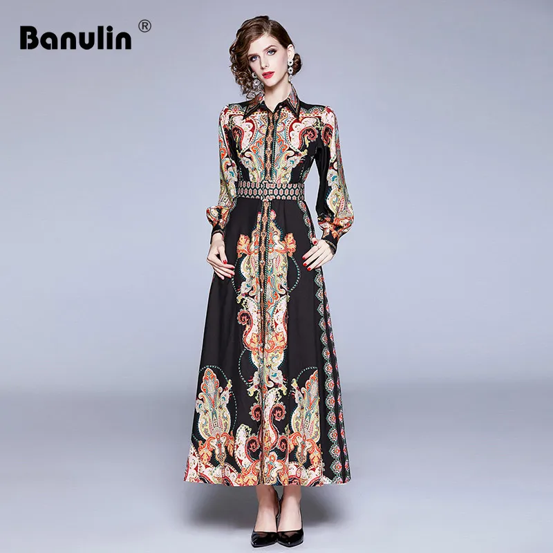Banulin Платье макси с принтом для женщин, стоячий воротник, рукав-фонарик, высокая талия, с разрезом, тонкие длинные платья, женская мода, осень