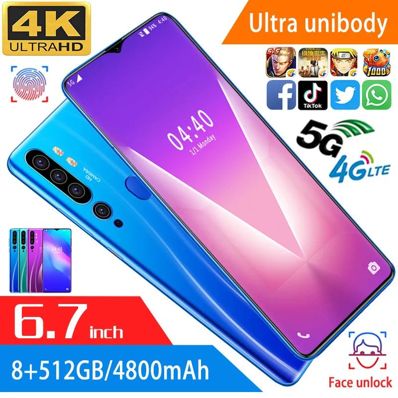 A12 Cellphone MTK6799 Phones deca core 6.7inch HD+1440*3040 Cell phones 5G  Phone 8GB+512GB Mobile phone 13MP+24MP