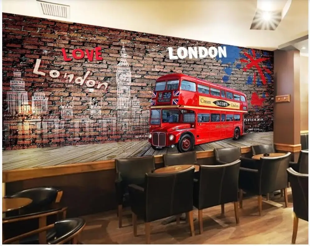 

3d wallpaper custom photo mural Large hand-painted HD brick wall British red bus restaurant tooling room wallpaper for walls 3 d