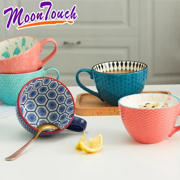 

High Capacity European Style Ceramic Breakfast Mug for Oatmeal Creative Coffee Cup and Spoon Milk Water Cafe Mug with Handle