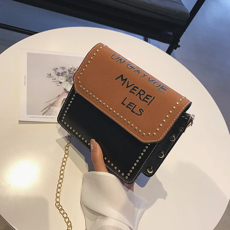 

Ins2019 Korean-style Fashion Casual Simple Versatile Contrast Color Rivet Online Celebrity Square Sling Bag Shoulder Diagonal Ba