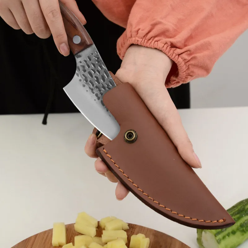 Полный Тан 5,5 дюймов обвалки Кемпинг сербийский нож ручной работы кованые нарезанные шеф-повара кухонный нож мясника кожаное покрытие оболочки